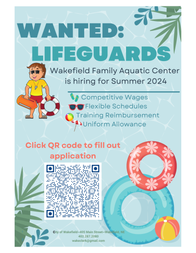 Light blue water background with cartoon lifeguard and pool floaties