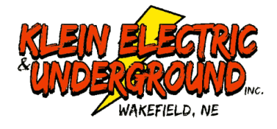 Reddish-orange letter of Klein Electric & Underground in front of a yellow lightning bolt