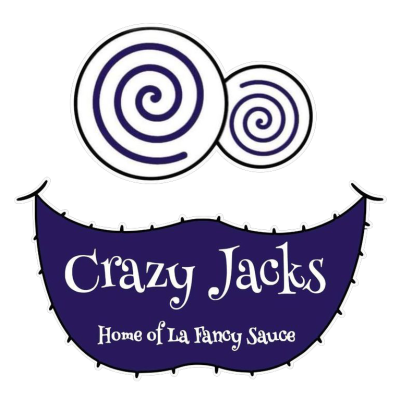 Crazy Jacks purple logo with crazy eyes and purple mouth